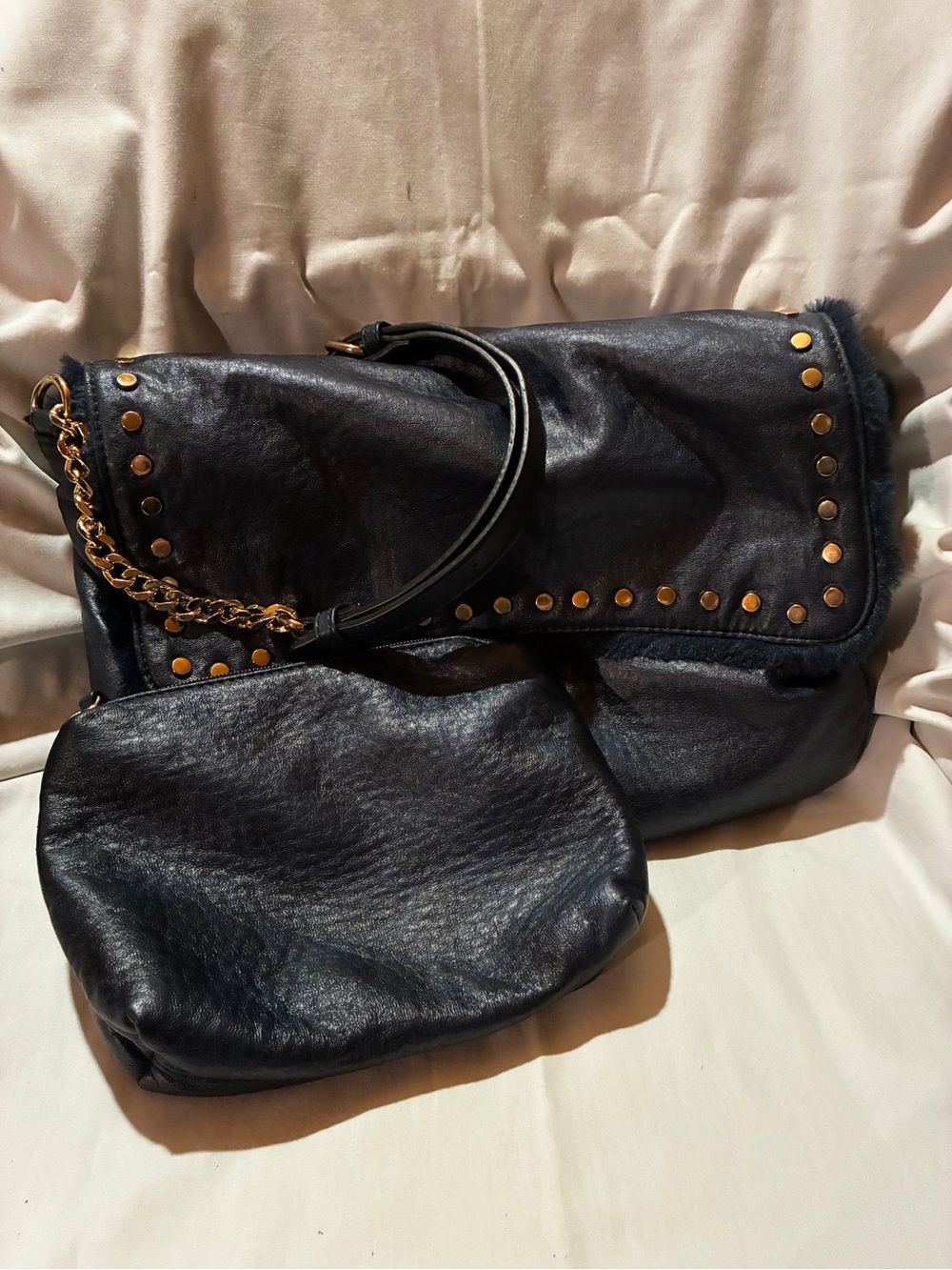 Guess Dark Blue Leather Shoulder Bag with Gold Studs and Wrist Pouch